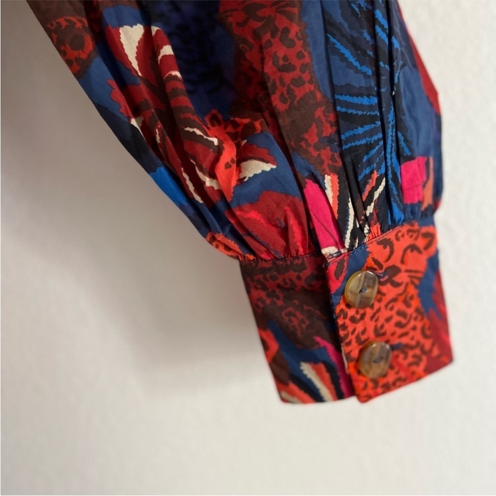 NWOT FARM RIO Red Blue Animal Tapestry Midi Tropical Flare Puff Sleeve Dress XS - Picture 6 of 9